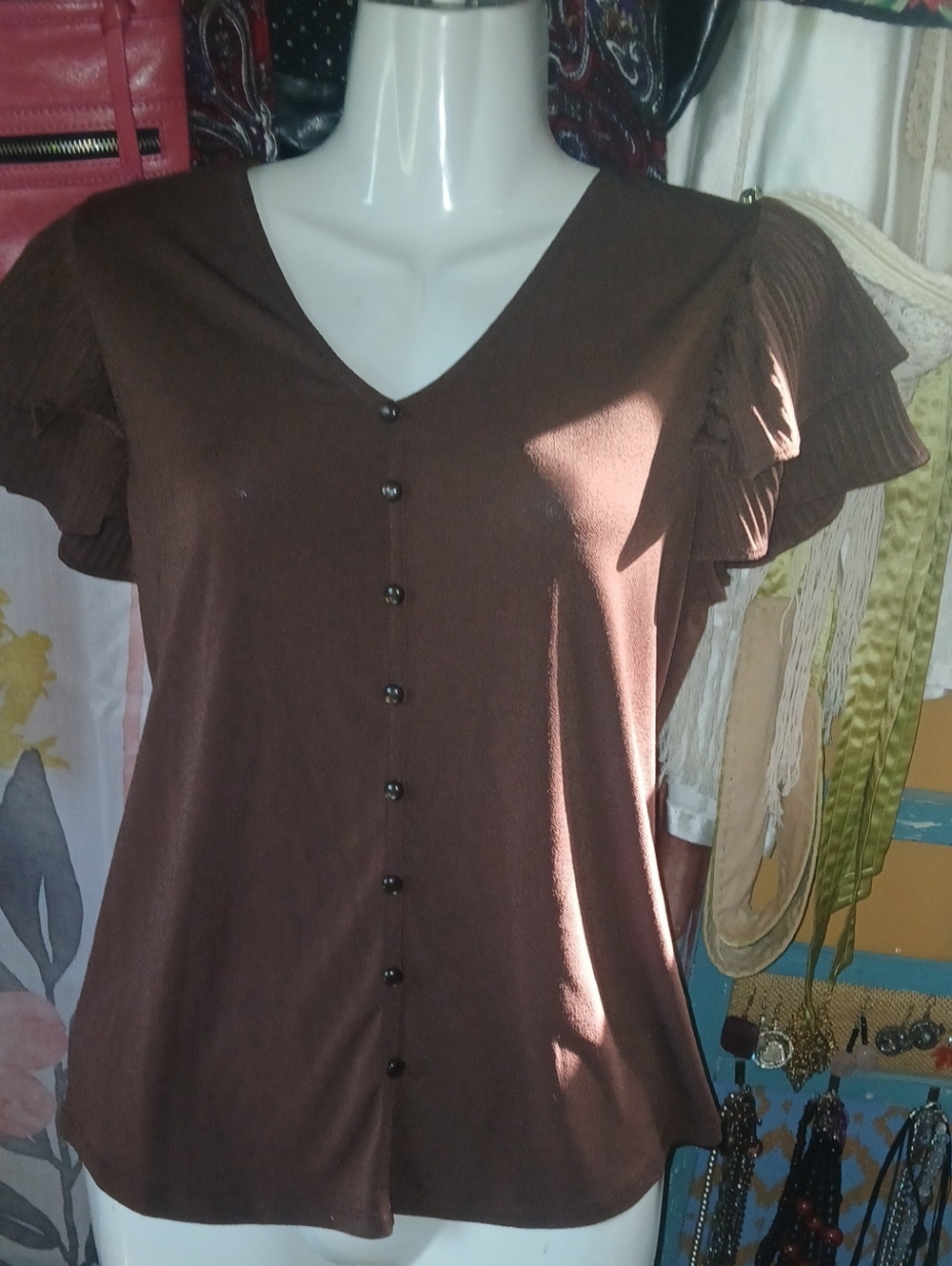 Adrianna Papell Brown V-Neck Flutter Sleeve Faux Button Front Top Small